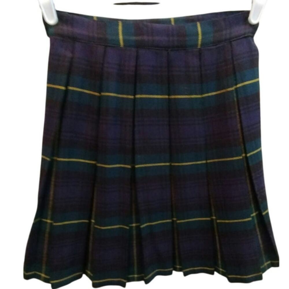 VTG 1960s Banner Plaid Pleated Wool Mini Skirt Black Watch Navy Green Academia
